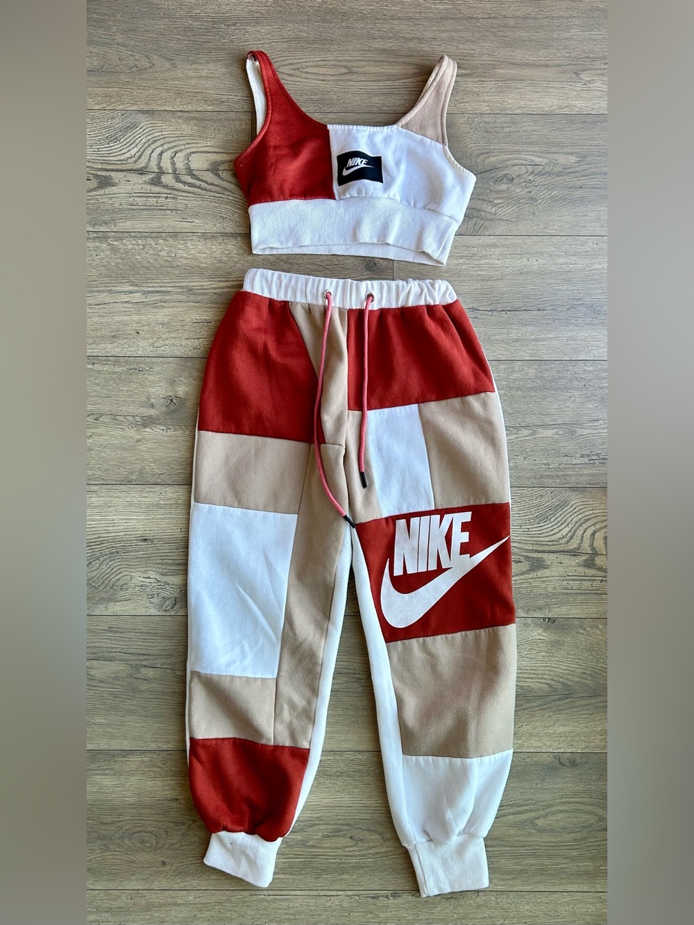 Nike Colorblock Crop Tank and Joggers Set - Rust, Tan, Cream